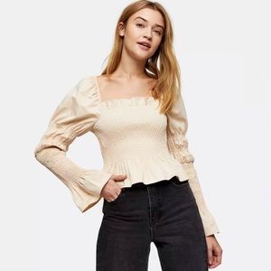 Topshop Beige Satin Shirred Puff Sleeve Crop Blouse